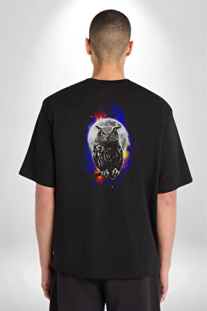 Baykuş Ay Gece Uğur Pamuklu Kadın Erkek Oversize Sırt Dijital Baskılı Siyah T-shirt