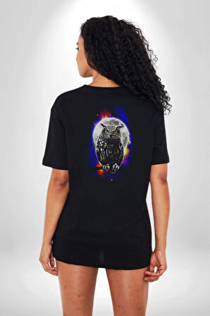 Baykuş Ay Gece Uğur Pamuklu Kadın Erkek Oversize Sırt Dijital Baskılı Siyah T-shirt