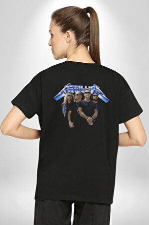Metalica Rock Grup  Pamuklu Kadın Erkek Oversize Sırt Dijital Baskılı Siyah T-shirt