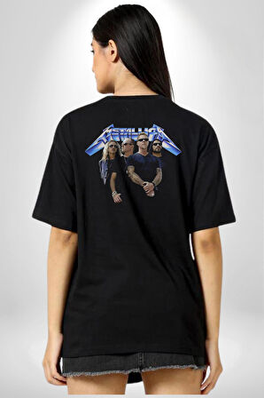 Metalica Rock Grup  Pamuklu Kadın Erkek Oversize Sırt Dijital Baskılı Siyah T-shirt