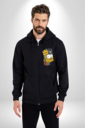 Bart Simpson Makine Kadın Erkek Siyah Kapüşonlu Fermuarlı Baskılı Hırka Sweatshirt