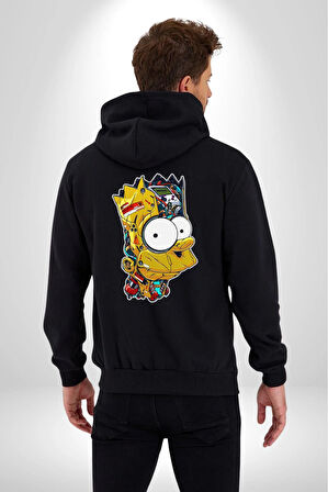 Bart Simpson Makine Kadın Erkek Siyah Kapüşonlu Fermuarlı Baskılı Hırka Sweatshirt