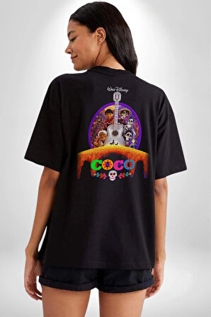 COCO Animasyon Pamuklu Kadın Erkek Oversize Sırt Dijital Baskılı Siyah T-shirt
