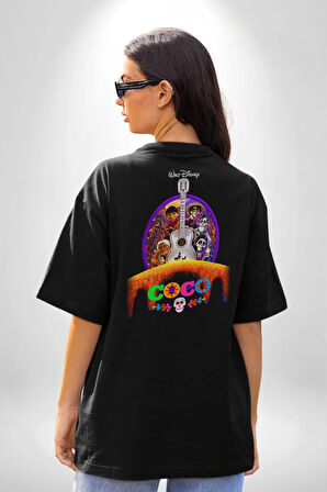 COCO Animasyon Pamuklu Kadın Erkek Oversize Sırt Dijital Baskılı Siyah T-shirt