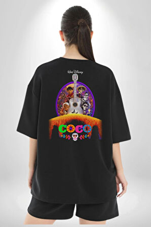 COCO Animasyon Pamuklu Kadın Erkek Oversize Sırt Dijital Baskılı Siyah T-shirt