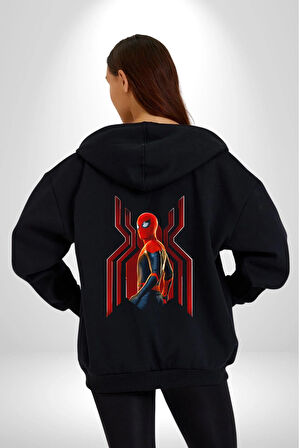Spiderman Kadın Erkek Siyah Kapüşonlu Fermuarlı Baskılı Hırka Sweatshirt