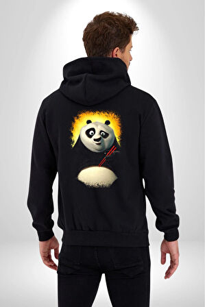Kung Fu Panda Film Serisi Kadın Erkek Siyah Kapüşonlu Fermuarlı Baskılı Hırka Sweatshirt