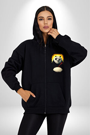 Kung Fu Panda Film Serisi Kadın Erkek Siyah Kapüşonlu Fermuarlı Baskılı Hırka Sweatshirt