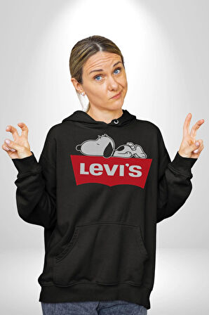 Snoppy Levi's Çizgi Film Kadın Erkek  Siyah Kapüşonlu Sweatshirt Hoodie