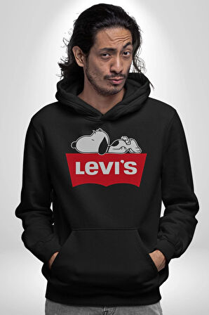 Snoppy Levi's Çizgi Film Kadın Erkek  Siyah Kapüşonlu Sweatshirt Hoodie