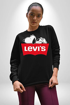 Snoppy Levi's Çizgi Film Kadın Erkek Siyah Sweatshirt 