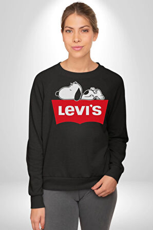 Snoppy Levi's Çizgi Film Kadın Erkek Siyah Sweatshirt 