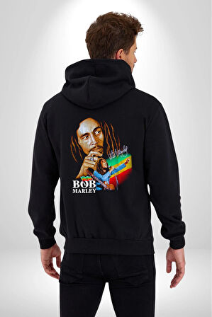 Bob Marley Şarkıcı Kadın Erkek Siyah Kapüşonlu Fermuarlı Baskılı Hırka Sweatshirt
