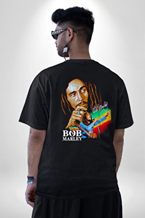 Bob Marley Şarkıcı Pamuklu Kadın Erkek Oversize Sırt Dijital Baskılı Siyah T-shirt