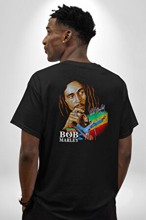 Bob Marley Şarkıcı Pamuklu Kadın Erkek Oversize Sırt Dijital Baskılı Siyah T-shirt