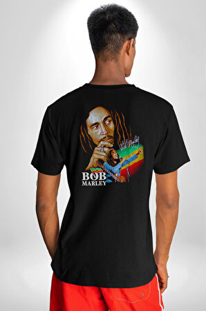 Bob Marley Şarkıcı Pamuklu Kadın Erkek Oversize Sırt Dijital Baskılı Siyah T-shirt