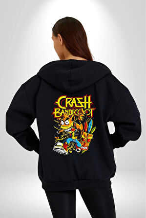 Crash Baandicoot Oyun Karakterleri Kadın Erkek Siyah Kapüşonlu Fermuarlı Baskılı Hırka Sweatshirt