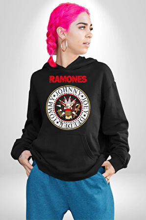 Ramones Punk Müzik Grubu Kadın Erkek  Siyah Kapüşonlu Sweatshirt Hoodie