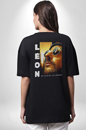 Leon Film  Pamuklu Kadın Erkek Oversize Sırt Dijital Baskılı Siyah T-shirt