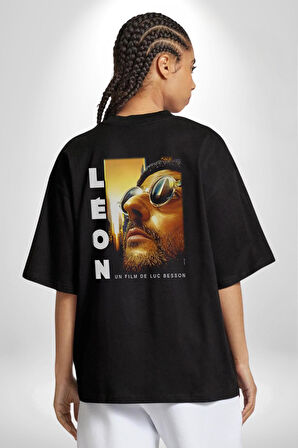 Leon Film  Pamuklu Kadın Erkek Oversize Sırt Dijital Baskılı Siyah T-shirt
