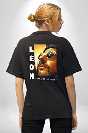 Leon Film  Pamuklu Kadın Erkek Oversize Sırt Dijital Baskılı Siyah T-shirt
