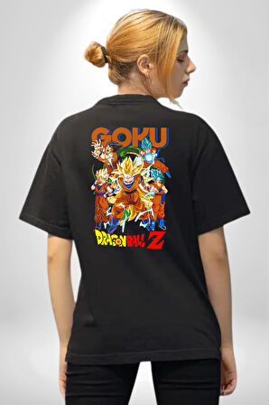 Goku Drogonball Anime Pamuklu Kadın Erkek Oversize Sırt Dijital Baskılı Siyah T-shirt