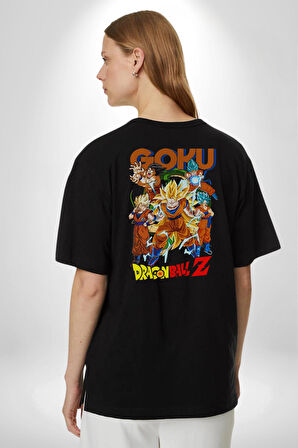 Goku Drogonball Anime Pamuklu Kadın Erkek Oversize Sırt Dijital Baskılı Siyah T-shirt