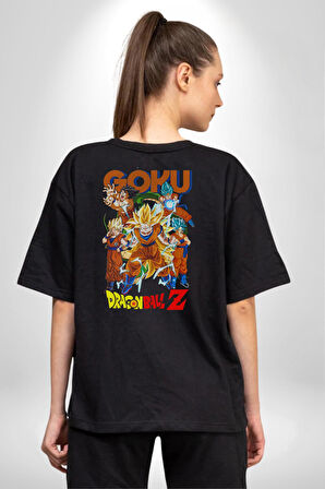 Goku Drogonball Anime Pamuklu Kadın Erkek Oversize Sırt Dijital Baskılı Siyah T-shirt
