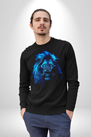 Aslan Mavi Gözlü Kadın Erkek Siyah Sweatshirt 