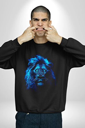 Aslan Mavi Gözlü Kadın Erkek Siyah Sweatshirt 