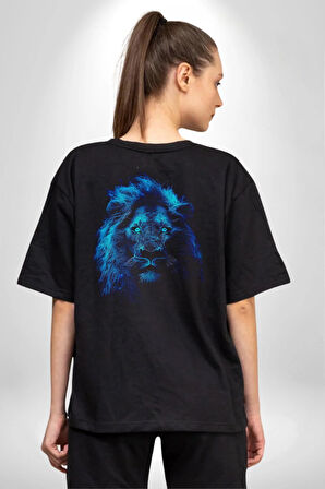 Aslan Mavi Gözlü Pamuklu Kadın Erkek Oversize Sırt Dijital Baskılı Siyah T-shirt