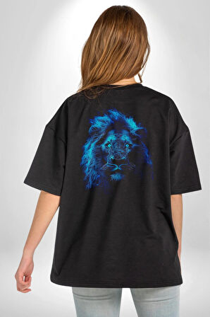 Aslan Mavi Gözlü Pamuklu Kadın Erkek Oversize Sırt Dijital Baskılı Siyah T-shirt