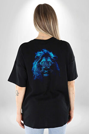 Aslan Mavi Gözlü Pamuklu Kadın Erkek Oversize Sırt Dijital Baskılı Siyah T-shirt