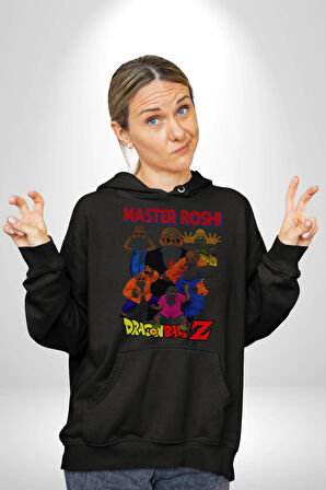Master Roshi Drogon Ball Anime Kadın Erkek  Siyah Kapüşonlu Sweatshirt Hoodie