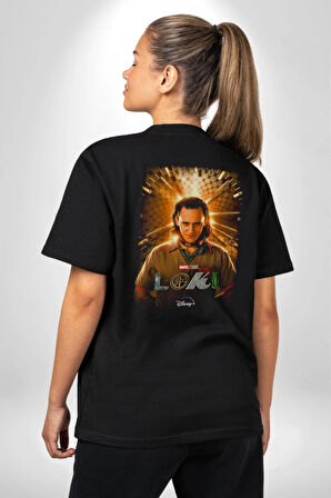 Loki Dizi Karakteri Pamuklu Kadın Erkek Oversize Sırt Dijital Baskılı Siyah T-shirt