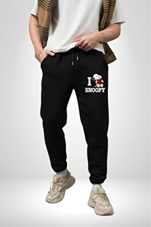 I Love Snoopy 3 İplik Erkek Baskılı Siyah Eşofman Altı