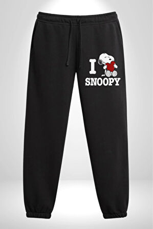 I Love Snoopy 3 İplik Erkek Baskılı Siyah Eşofman Altı