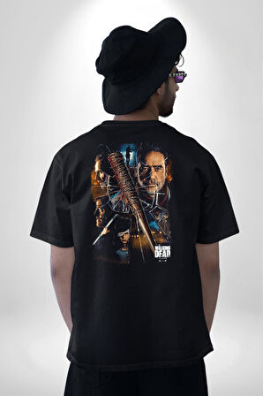 The Walking Dead Pamuklu Kadın Erkek Oversize Sırt Dijital Baskılı Siyah T-shirt