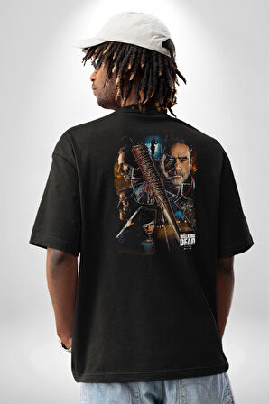 The Walking Dead Pamuklu Kadın Erkek Oversize Sırt Dijital Baskılı Siyah T-shirt