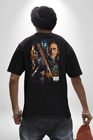 The Walking Dead Pamuklu Kadın Erkek Oversize Sırt Dijital Baskılı Siyah T-shirt