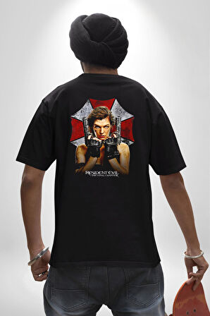 Resident Evil Film Pamuklu Kadın Erkek Oversize Sırt Dijital Baskılı Siyah T-shirt