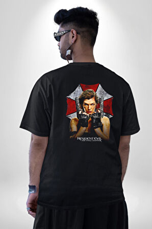 Resident Evil Film Pamuklu Kadın Erkek Oversize Sırt Dijital Baskılı Siyah T-shirt