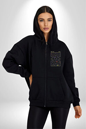 Pac-Man Oyun Kadın Erkek Siyah Kapüşonlu Fermuarlı Baskılı Hırka Sweatshirt