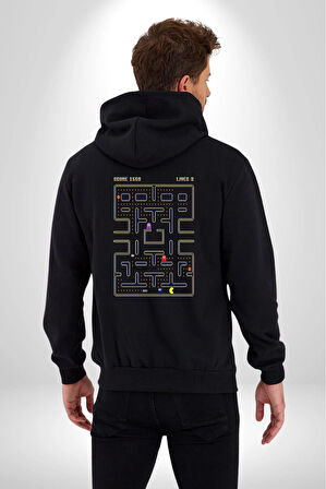 Pac-Man Oyun Kadın Erkek Siyah Kapüşonlu Fermuarlı Baskılı Hırka Sweatshirt