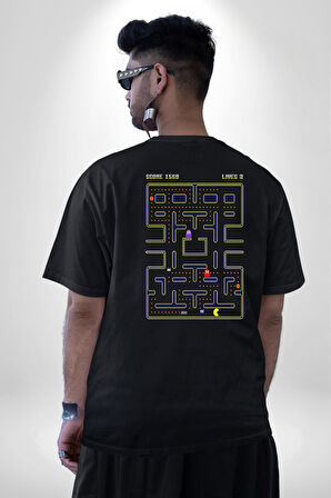 Pac-Man Oyun Pamuklu Kadın Erkek Oversize Sırt Dijital Baskılı Siyah T-shirt