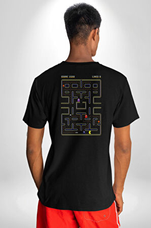 Pac-Man Oyun Pamuklu Kadın Erkek Oversize Sırt Dijital Baskılı Siyah T-shirt