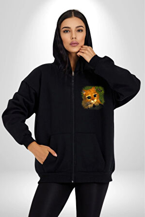 Çizmeli Kedi Çizgi Film Kadın Erkek Siyah Kapüşonlu Fermuarlı Baskılı Hırka Sweatshirt