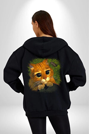 Çizmeli Kedi Çizgi Film Kadın Erkek Siyah Kapüşonlu Fermuarlı Baskılı Hırka Sweatshirt