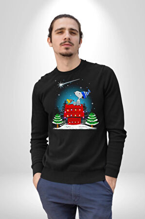 Snoppy Kar Yeni Yıl Yıldız Kayması Kadın Erkek Siyah Sweatshirt 