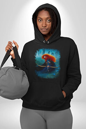 Prenses Merida Kadın Erkek  Siyah Kapüşonlu Sweatshirt Hoodie